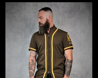 Premium Barber Smock from KIRIOS,Dark Green With Yellow Stripes,''THE INDIAN'',Barber Jersey Work-wear Barber Jacket