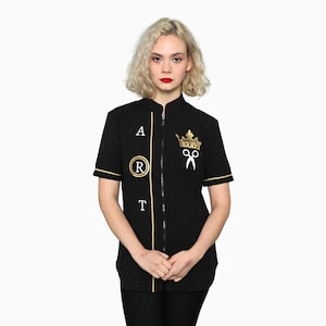 Camice da barbiere nero e oro per donna: abbigliamento impermeabile per parrucchieri