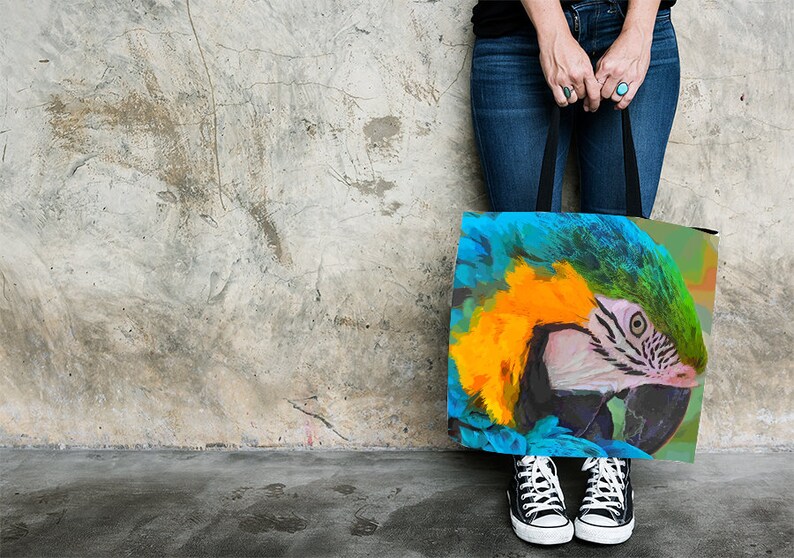 Beach Bag Parrot Tote Bag Art Tote Bag Book Bag Shopping Bag Unique Tote Bag Gift Bird Market Bag Reusable Tote Travel Bag