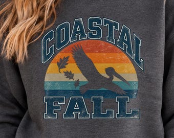Coastal Fall Sweatshirt with Pelican Retro Autumn Graphic