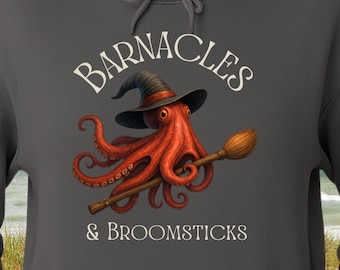 Barnacles and Broomsticks Hoodie: Funny Octopus Witch Halloween Sweatshirt for Coastal Ocean Lovers