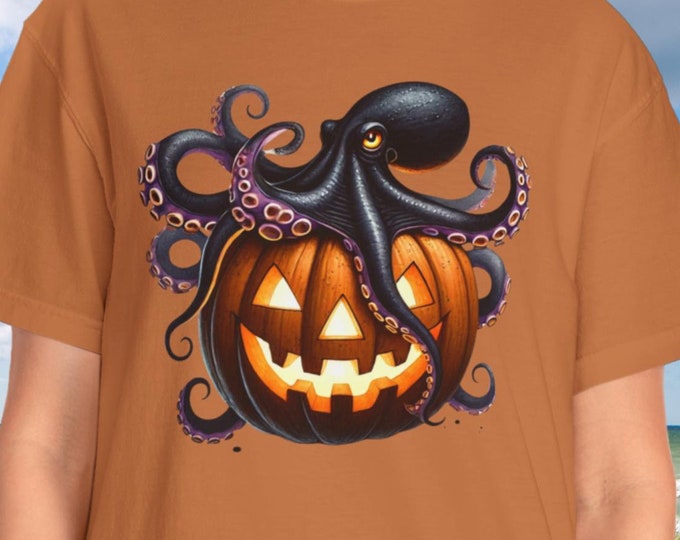 Creepy Black Kraken Octopus Halloween Jack-O-Lantern Unisex T Shirt Nautical Ocean Inspired Unique Costume Alternative Soft Comfortable Tee