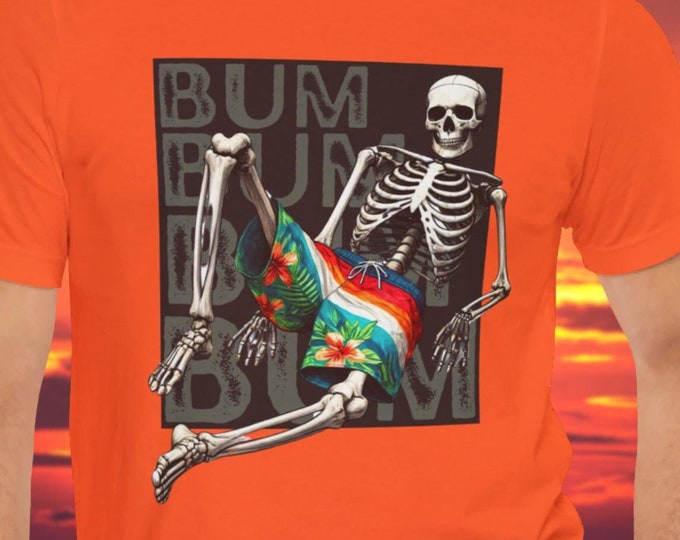 Beach Bum Skeleton T-Shirt with Tropical Board Shorts Soft Comfortable Tee Gift for Him Beach Lover Surfer Skater Halloween Everyday Wear