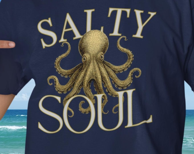 Salty Soul Octopus Shirt Vintage Nautical Bella Canvas Tee Ocean Lover Gift Soft Coastal Unisex Beach T-Shirt for Her or Him