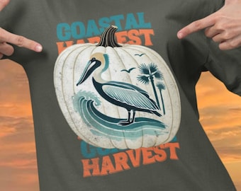 Coastal Harvest Pumpkin Shirt Vintage Beach Inspired Wavy Text Fall T-shirt for Her Everyday Wear Perfect Autumn Gift Cute and Cozy Tee