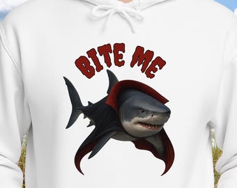 Bite Me Shark Hoodie Vampire Halloween Hoodie Funny Ocean Lover Hoodie Coastal Fall Sweatshirt Sea Life Hoodie Unisex