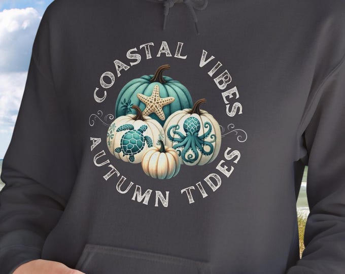 Coastal Vibes Autumn Tides Hoodie Nautical Fall Pumpkin Sweatshirt Sea Life Starfish Turtle Octopus Coastal Beach Lover Gift