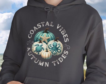 Coastal Vibes Autumn Tides Hoodie for Her Fall Beach Lover Gift Sea Life Octopus Decorated Pumpkins Soft Comfortable Warm Hooded Sweatshirt