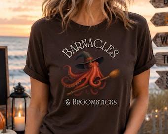 Octopus Witch Halloween T Shirt Barnacles and Broomsticks Nautical Graphic Tee