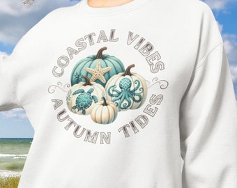 Coastal Vibes Autumn Tides Sweatshirt Sea Life Pumpkins Soft Comfortable Beach Lover Gift Coastal Fall Style Everyday Wear Gift for Her