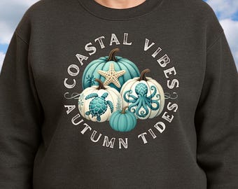 Coastal Vibes Autumn Tides Pumpkin Sweatshirt Sea Turtle Starfish Octopus Fall Beach Crewneck Pullover
