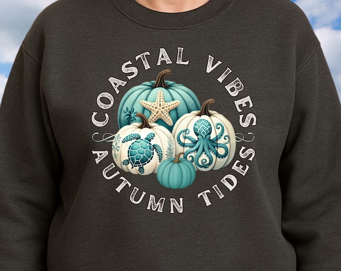 Coastal Vibes Autumn Tides Pumpkin Sweatshirt Sea Turtle Starfish Octopus Fall Beach Crewneck Pullover