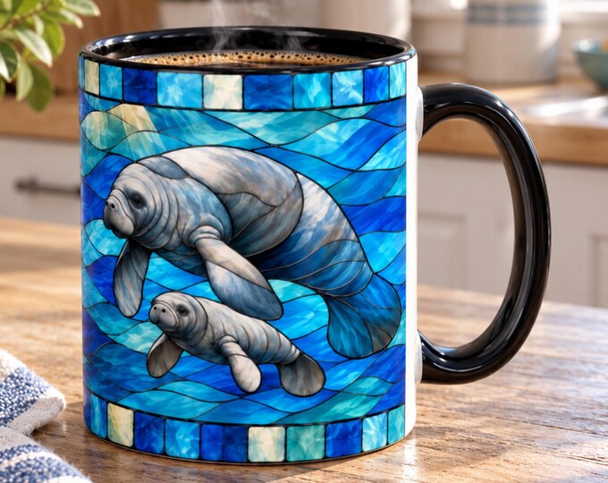 Manatee and Baby Stained Glass Mug Coastal Sea Life Coffee Mug