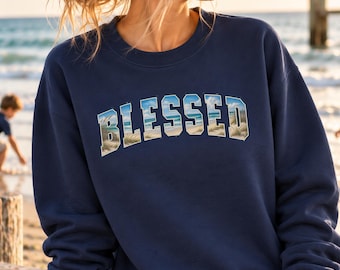 Blessed Coastal Sweatshirt Beach Scene Graphic Crewneck