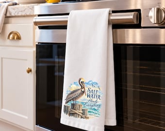 Salt Water Heals Everything Pelican Tea Towel Coastal Kitchen Decor