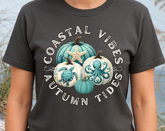 Coastal Vibes Autumn Tides T Shirt Nautical Fall Pumpkin Tee Sea Life Starfish Turtle Octopus Coastal Decor Beach Lover Gift