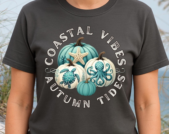 Coastal Vibes Autumn Tides T Shirt Nautical Fall Pumpkin Tee Sea Life Starfish Turtle Octopus Coastal Decor Beach Lover Gift
