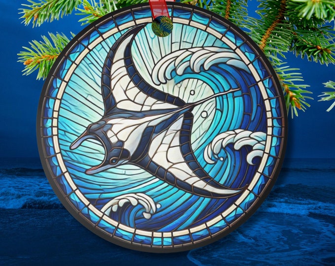 Suncatcher-Inspired Giant Manta Ray Ornament Metal Coastal Decor Deep Blue Ocean Christmas Car Mirror Gift for Ocean Lovers Hanging Ribbon
