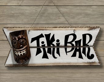 Tiki Bar Sign with Tiki Totem Rustic Wood Wall Decor Coastal Patio Luau Party Sign Outdoor Tropical Tiki Bar Decor for Porch or Deck