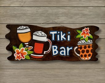 Large 19 Inch Tiki Bar Sign Carved Wood Wall Decor Colorful Hand Painted Luau Party Tropical Patio Porch Backyard Bar Beach House Art