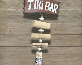 Rustic Tiki Bar Wall Dangler Driftwood Garland with Pebbles Hand Painted Totem Outdoor Coastal Luau Decor Vintage Beach Party Sign
