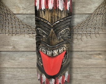 Hand Painted Wooden Tiki Mask - Tribal Warrior Tongue Out Design