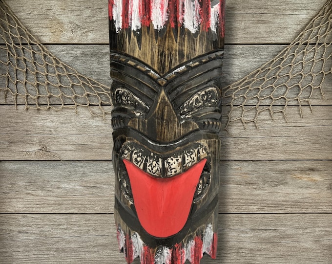 Hand Painted Wooden Tiki Mask - Tribal Warrior Tongue Out Design