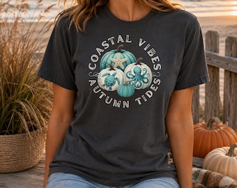 Coastal Fall T Shirt with Sea Life Pumpkins Beach Autumn Graphic Tee