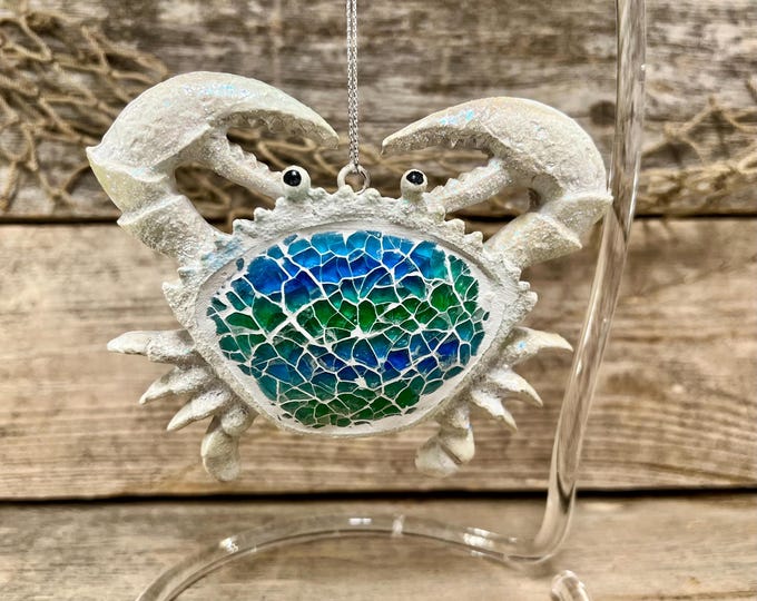 Glitter Crab Christmas Ornament: Blue Green Mosaic Glass Coastal Decor