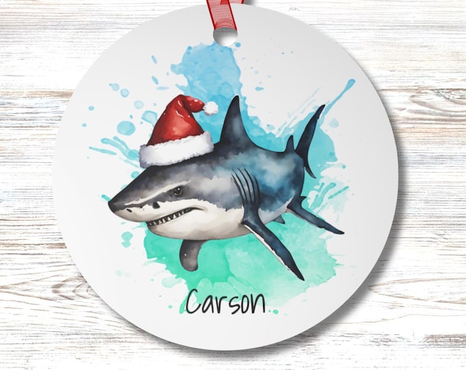 Personalized Great White Shark Santa Christmas Ornament Custom Name Coastal Holiday Sea Life Ocean Animal Round Christmas Gift Beach Lovers