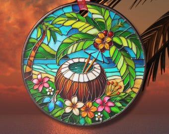 Suncatcher-Inspired Tropical Ornament Coconut Cocktail Drink Beach Lover Island Decor Stained Glass Style Coastal Christmas Gift Ornament