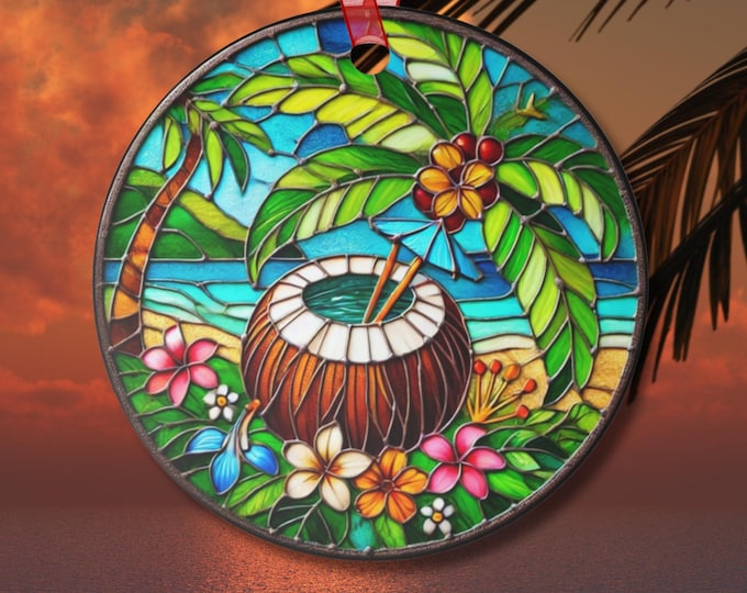 Suncatcher-Inspired Tropical Ornament Coconut Cocktail Drink Beach Lover Island Decor Stained Glass Style Coastal Christmas Gift Ornament