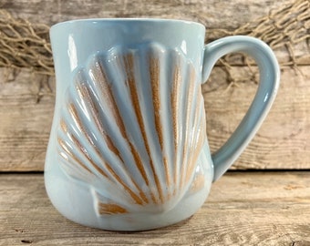 XL Sky Blue Coastal Scallop Shell 20 Oz. Porcelain Coffee Mug with Raised Distressed Seashell Design for Coffee Tea Hot Cocoa