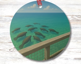 Manatees by the Pier Ornament Double Sided Coastal Sea Life Gift Underwater Gulf Design Ocean Decor for Beach House or Nature Lover