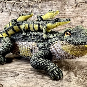 Hand-Painted Mama Gator with Three Hatchlings; American Alligator Resin Tabletop Figurine