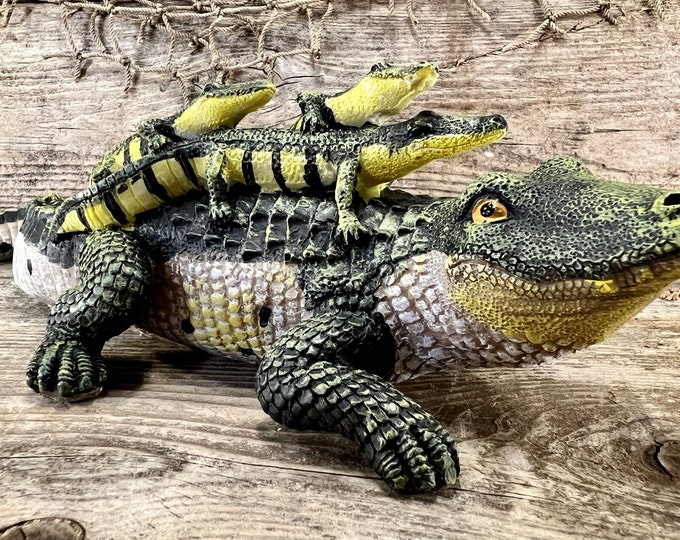 Hand-Painted Mama Gator with Three Hatchlings; American Alligator Resin Tabletop Figurine