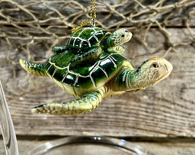 Green Sea Turtle Mother with Baby Ornament Polyresin Figurine