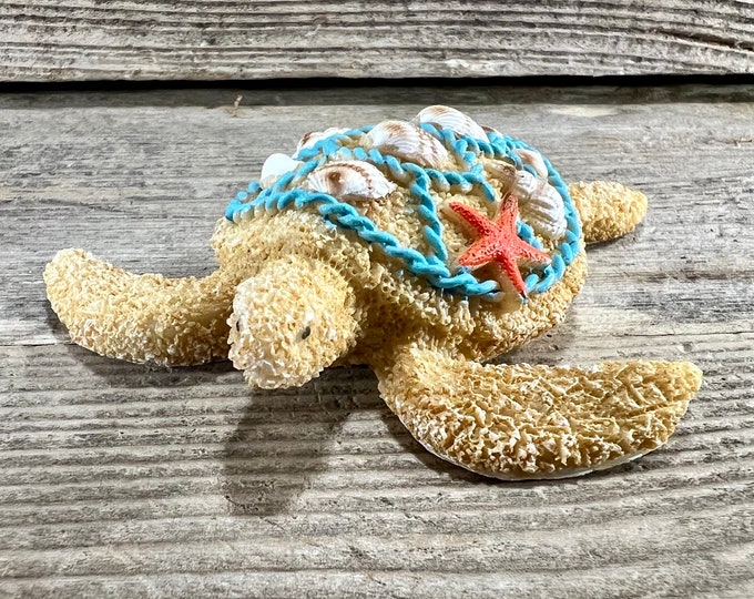 Sand and Seashells Miniature Resin Sea Turtle with Starfish and Blue Nautical Net Shell