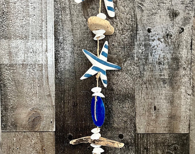 Handmade Distressed Blue and White Striped Sea Turtle Decorative Garland with Natural Pebbles Driftwood and Capiz Shells