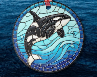 Suncatcher-Inspired Orca Killer Whale Ornament Two-Sided Metal Gift Coastal Christmas or Car Mirror Decor for Ocean Lovers and Beach Homes