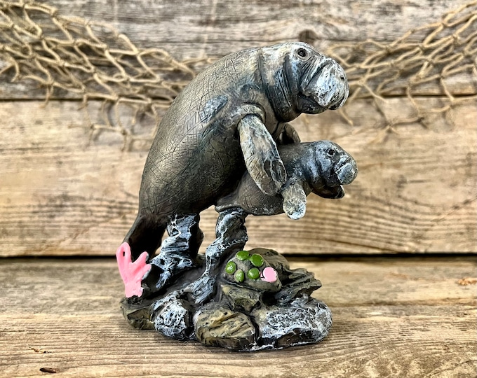 Realistic Hand-Painted Resin Mother and Baby Manatee on River Rocks Tabletop Statue