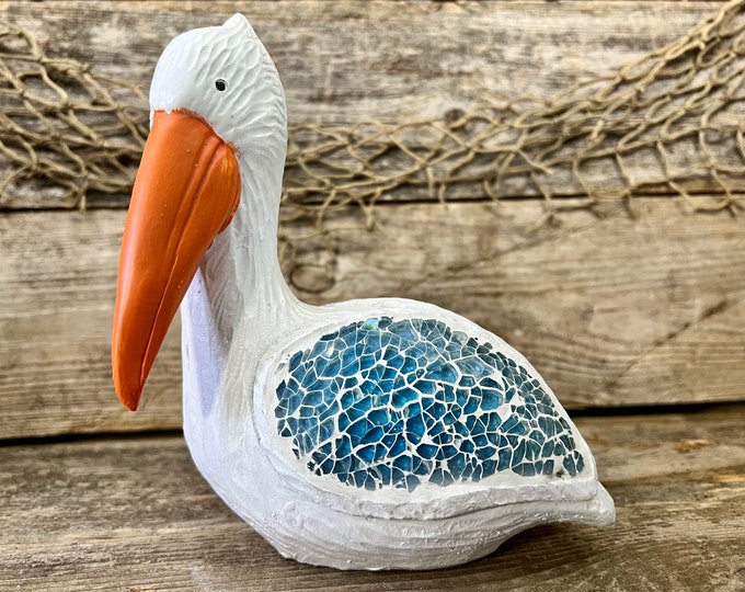 White Wood-Look Coastal Pelican with Blue Crushed Glass Wings Tabletop Statuette