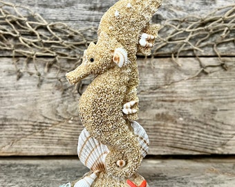 Resin Sand and Seashells Seahorse Couple with Starfish and Ocean Wave Statuette