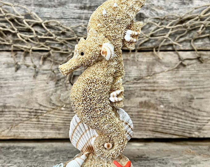Resin Sand and Seashells Seahorse Couple with Starfish and Ocean Wave Statuette