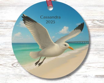 Personalized Seagull Ornament Coastal Beach Decor Sea Bird Gift Custom Front Ocean Tree Ornament for Her or Him Double Sided