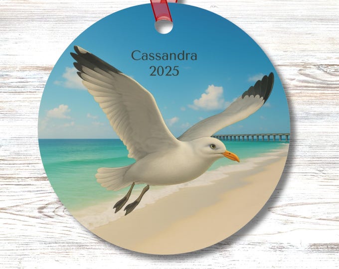 Personalized Seagull Ornament Coastal Beach Decor Sea Bird Gift Custom Front Ocean Tree Ornament for Her or Him Double Sided