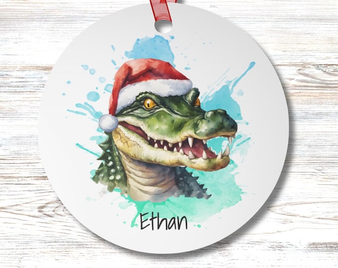 Personalized Alligator Santa Christmas Ornament Custom Name Coastal Holiday Sea Life Ocean Animal Round Christmas Gift for Beach Lovers