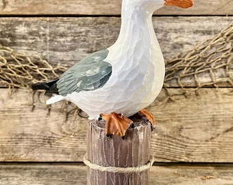 Wood-Look, Hand-Painted Resin Seagull On Post Statue with Nautical Rope Accent