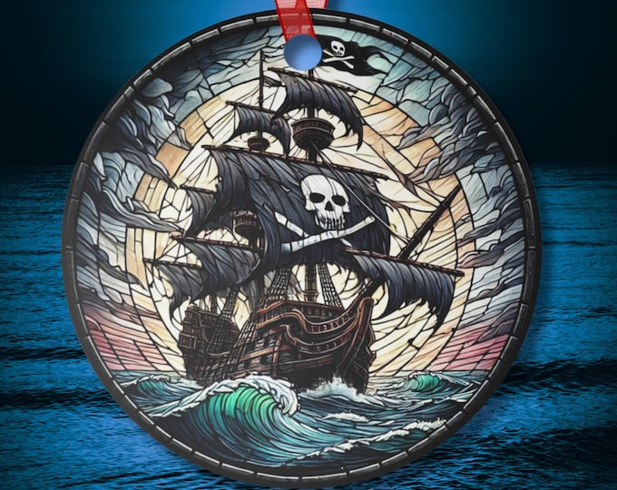 Black Pearl Pirate Ship Ornament Suncatcher-Inspired with Jolly Roger Flag Sailing Sunset Gift for Pirate Lovers Nautical Beach Ornament