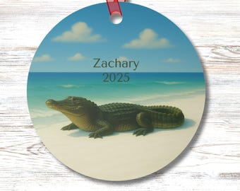 Personalized Alligator Ornament Gator on Beach Bayou Coastal Wildlife Round Metal Christmas Gift Southern Swamp Decor for Him or Her